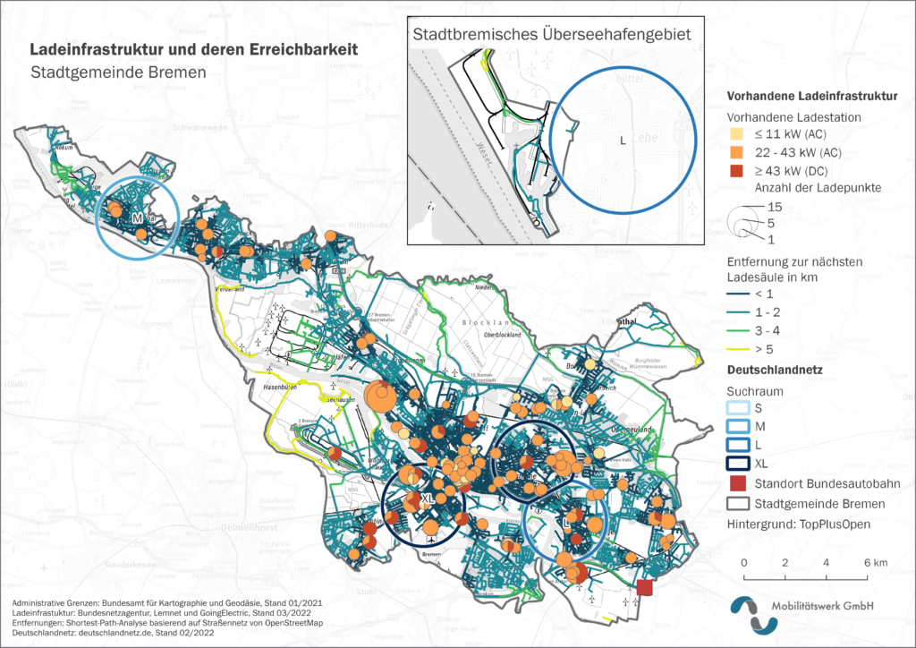 Karte, die die Ladeinfrastruktur und deren Erreichbarkeit in der Stadtgemeinde Bremen zeigt